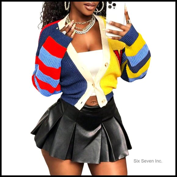 Color Block Knit Cardigan Open Front Button Down V Neck Cropped Sweater